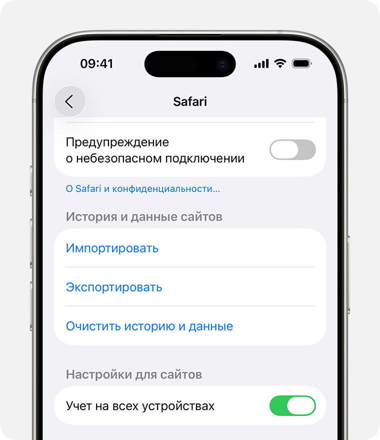 Экран настроек iPhone для очистки кэша и данных Safari
