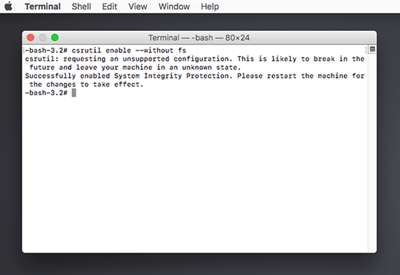 Успешное выполнение команды csrutil enable с подтверждением в терминале macOS