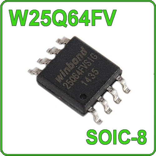 Крупный план чипа памяти BIOS Winbond W25Q64FV в корпусе SOIC-8 с маркировкой