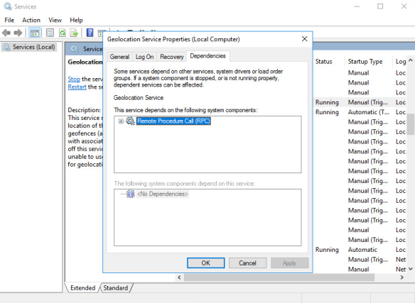Вкладка 'Зависимости' в свойствах службы Windows в оснастке services.msc