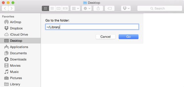 Finder на macOS с диалогом перехода к папке, открывающим путь ~/Library/Caches